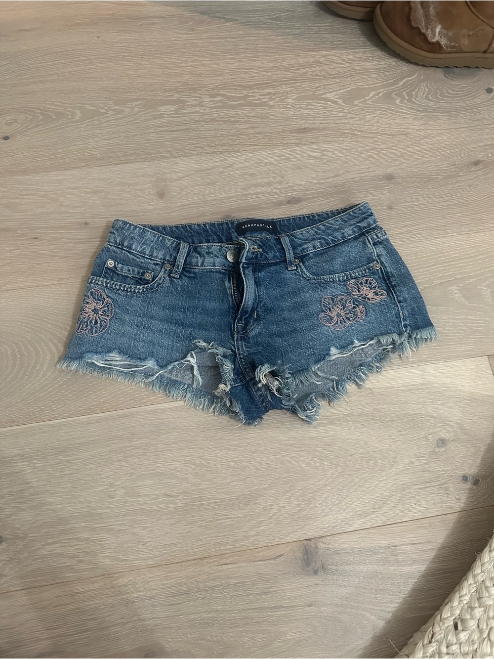 Abercrombie & Fitch Blue Denim Frayed Shorts with Pink Embroidery